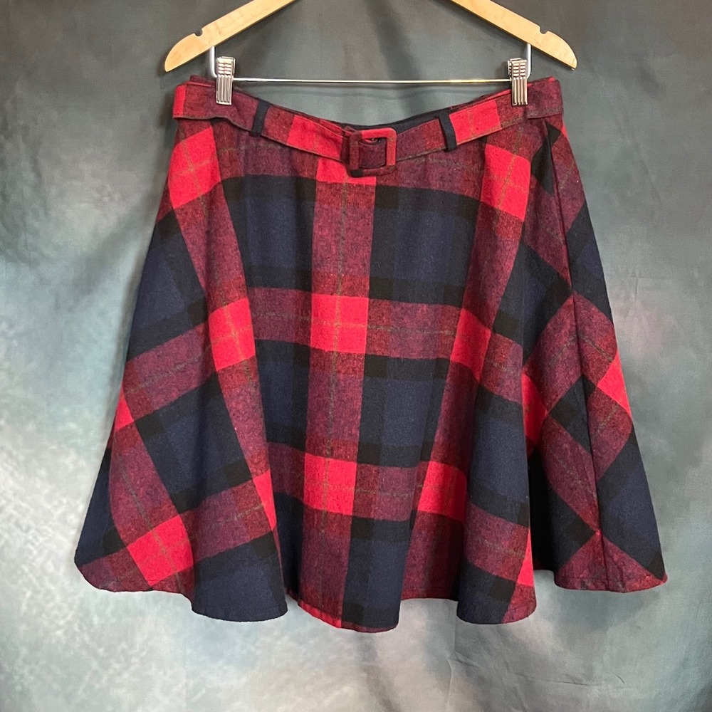 Tanming Red Navy Plaid Wool Blend‎ A-Line Belted Midi Skirt with Pockets Large